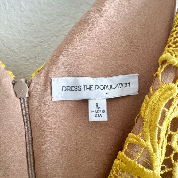 Dress the Population Ava Yellow Lace Mini Dress Large V-Neck Sleeveless Lined - Picture 4 of 15